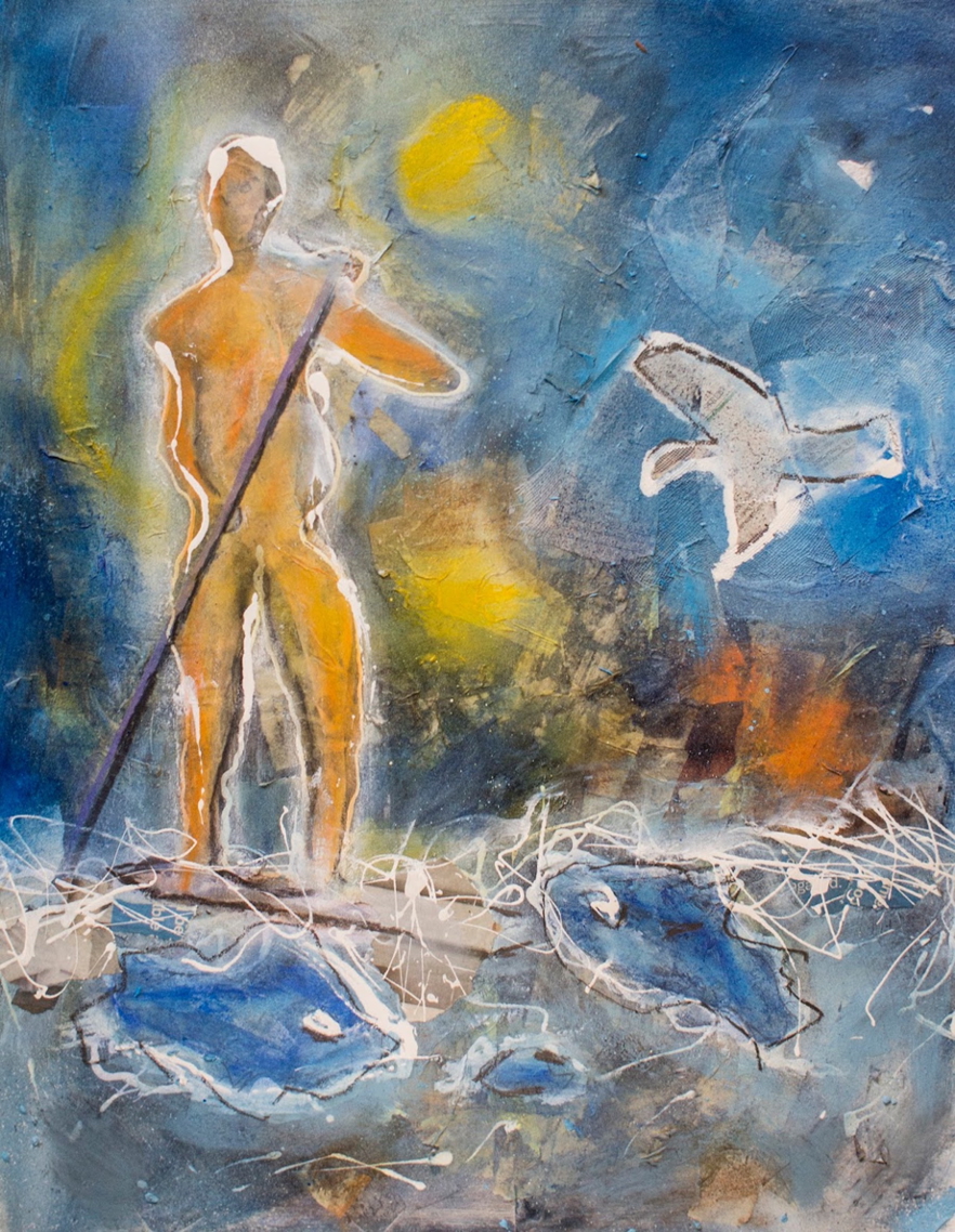 painted collage of figure on a paddleboard