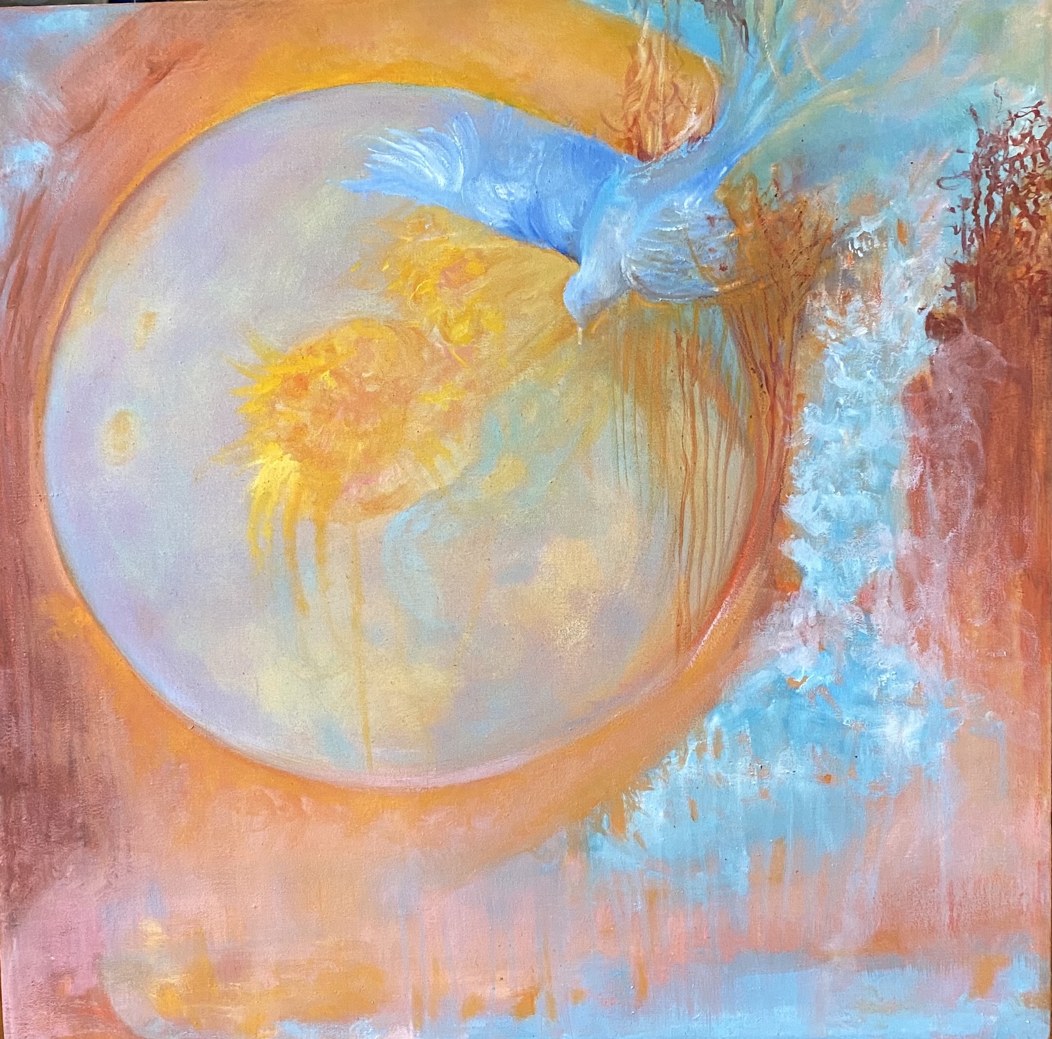 abstract watercolor of a blue bird flying through a ring of fire