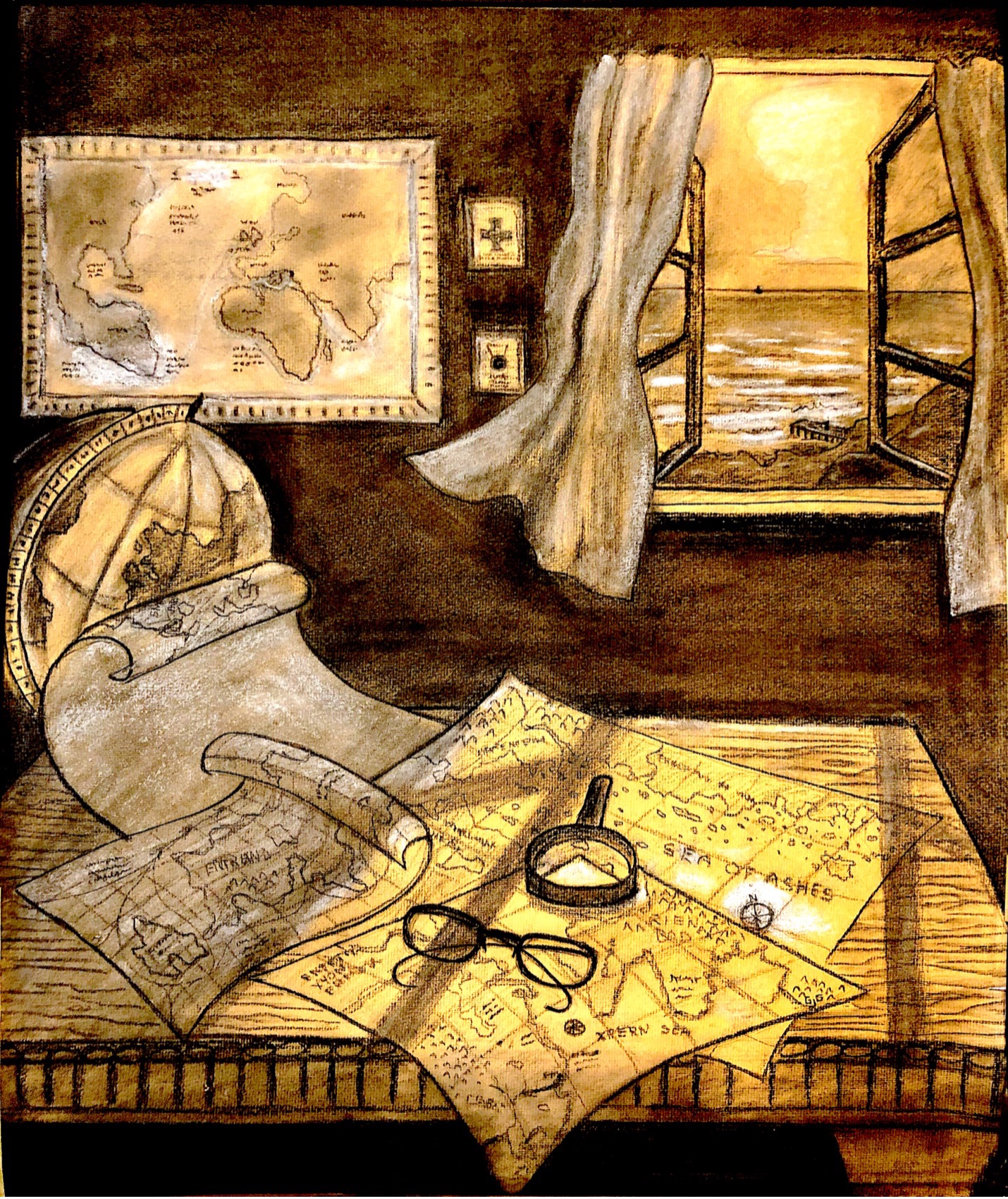 drawing of maps on a desk