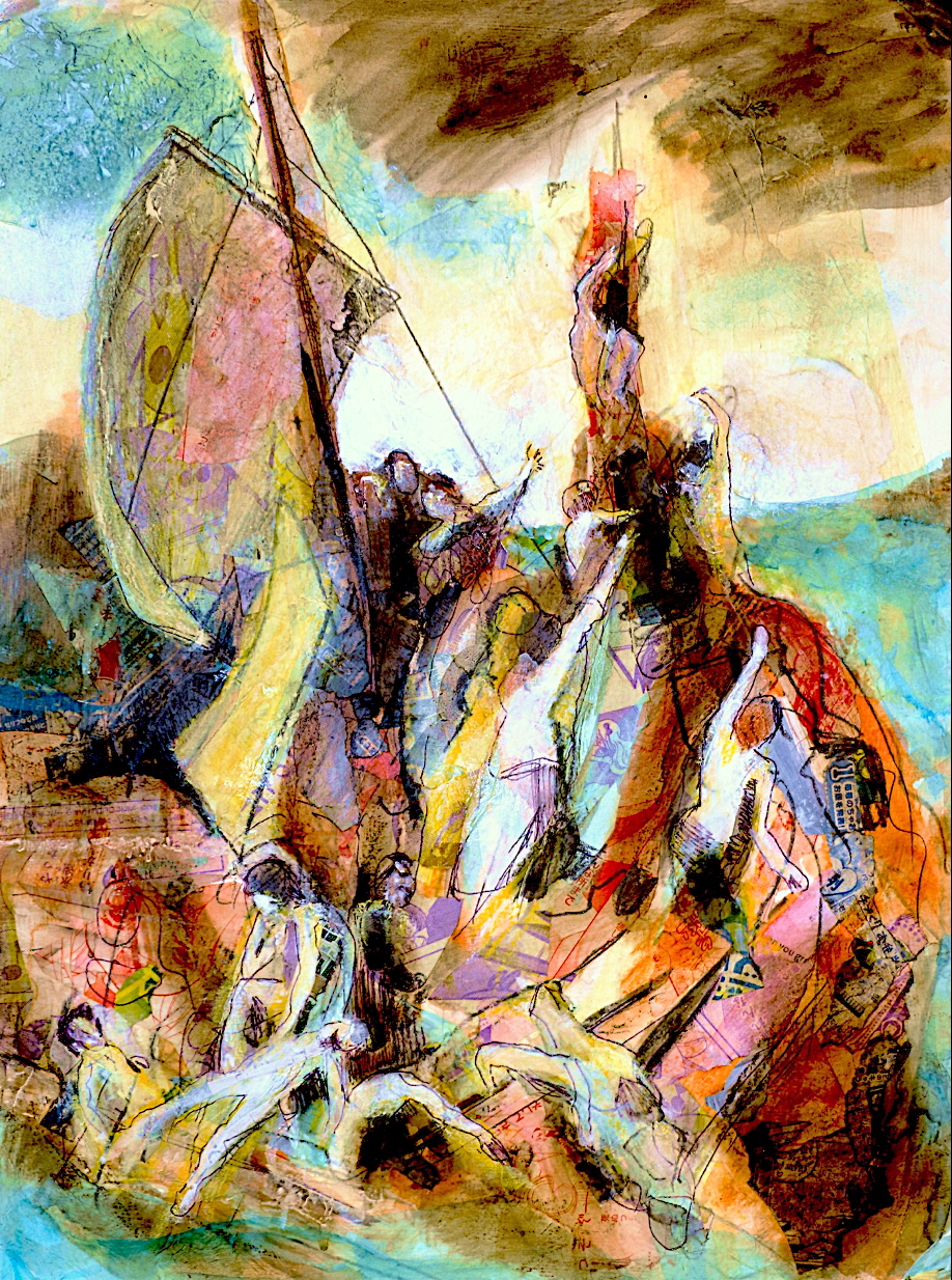 abstract collage of many people on a raft