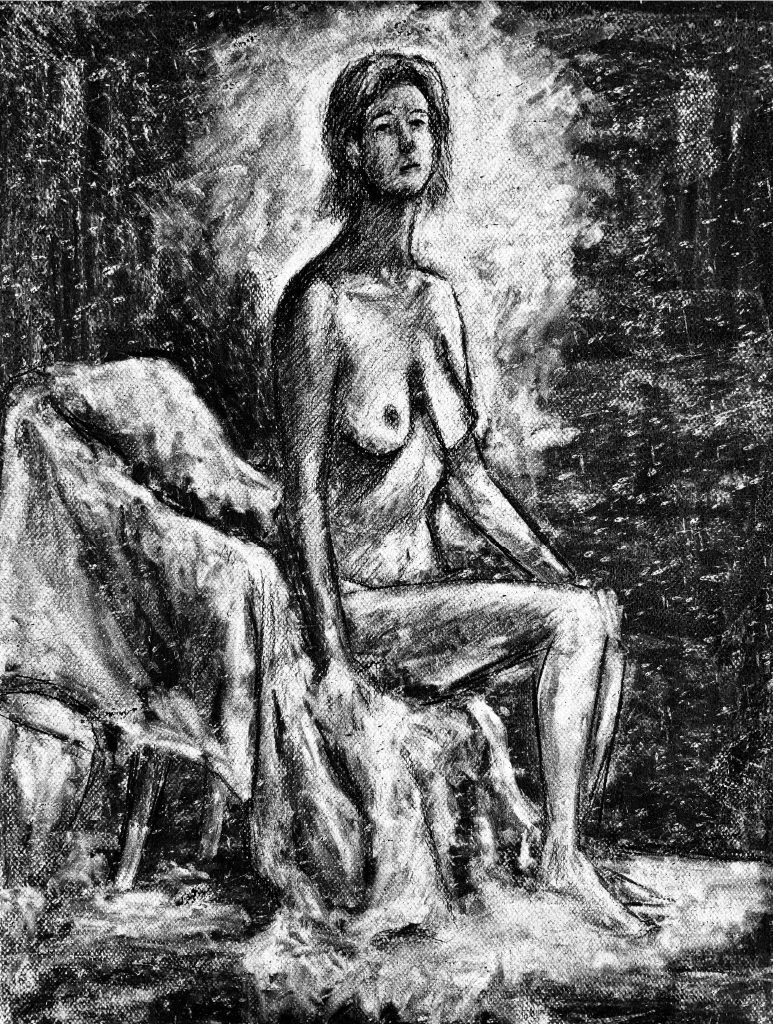 charcoal drawing of nude woman sitting