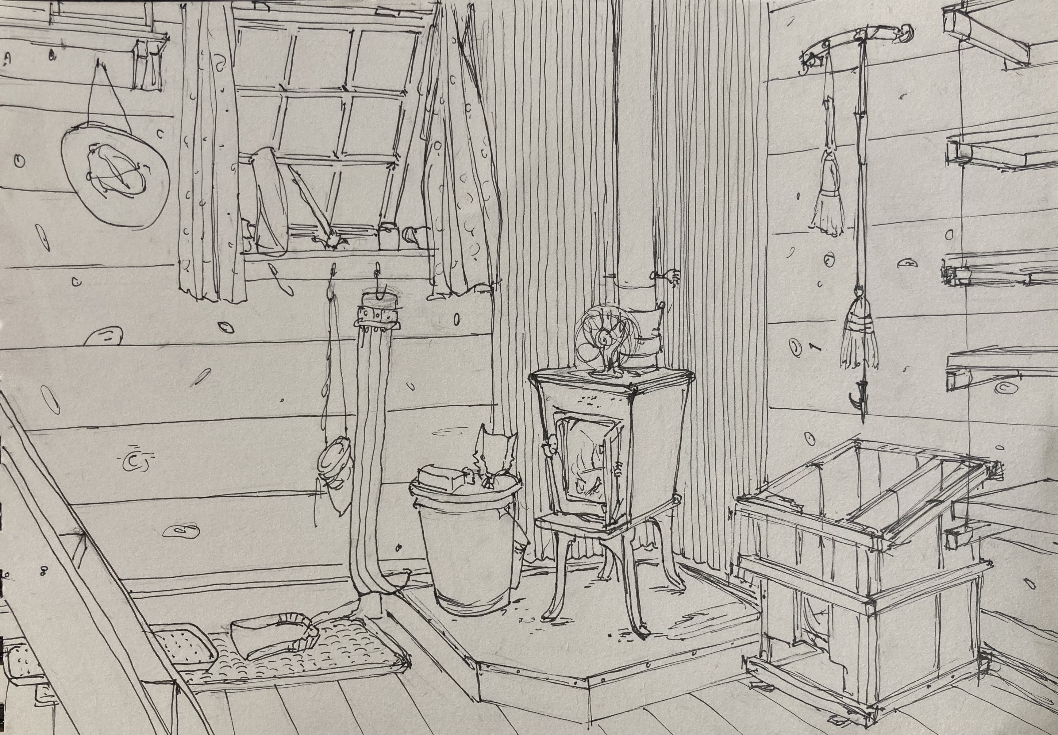 pencil drawing of the inside of a cabin