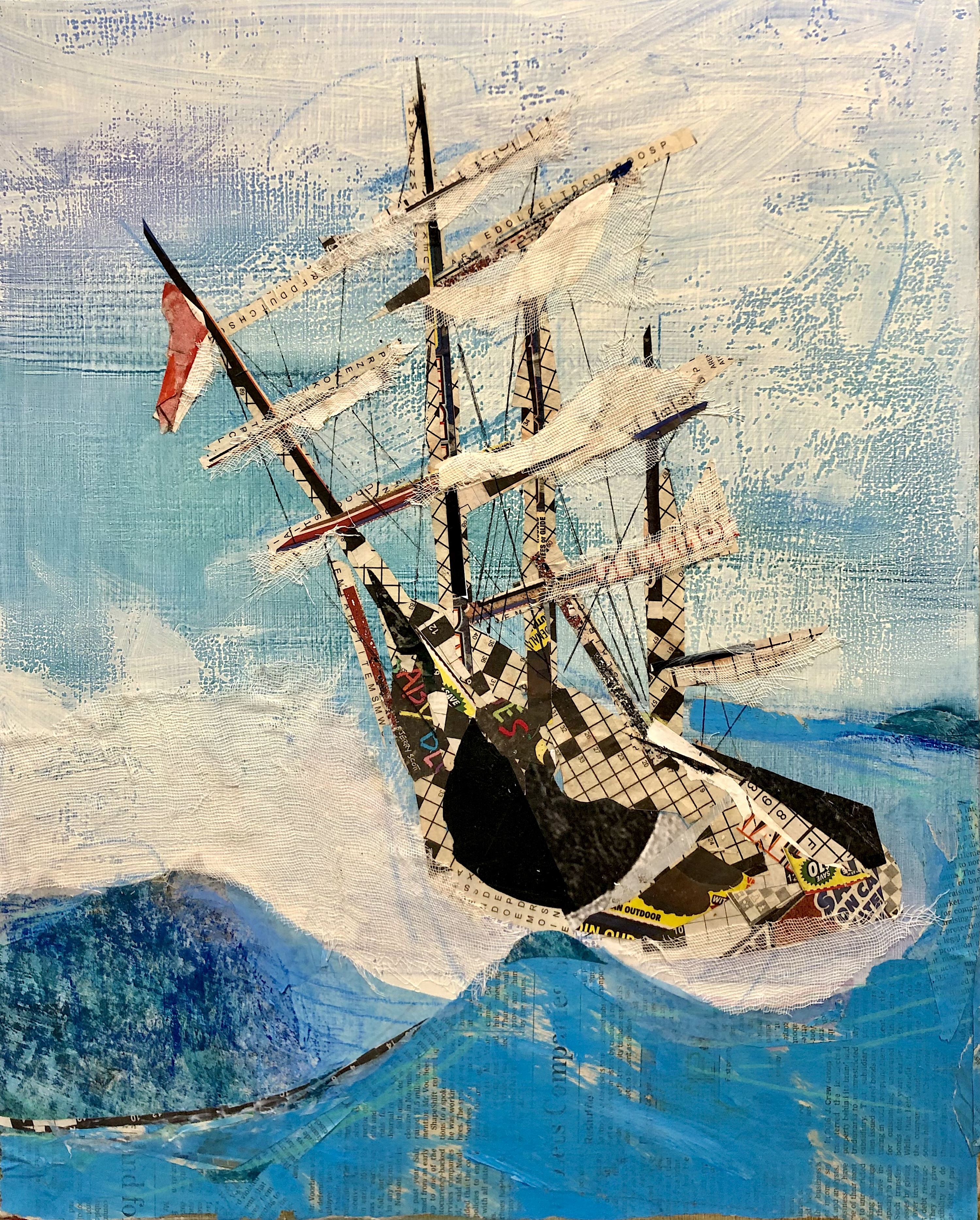 physical collage of driftwood and seaglass