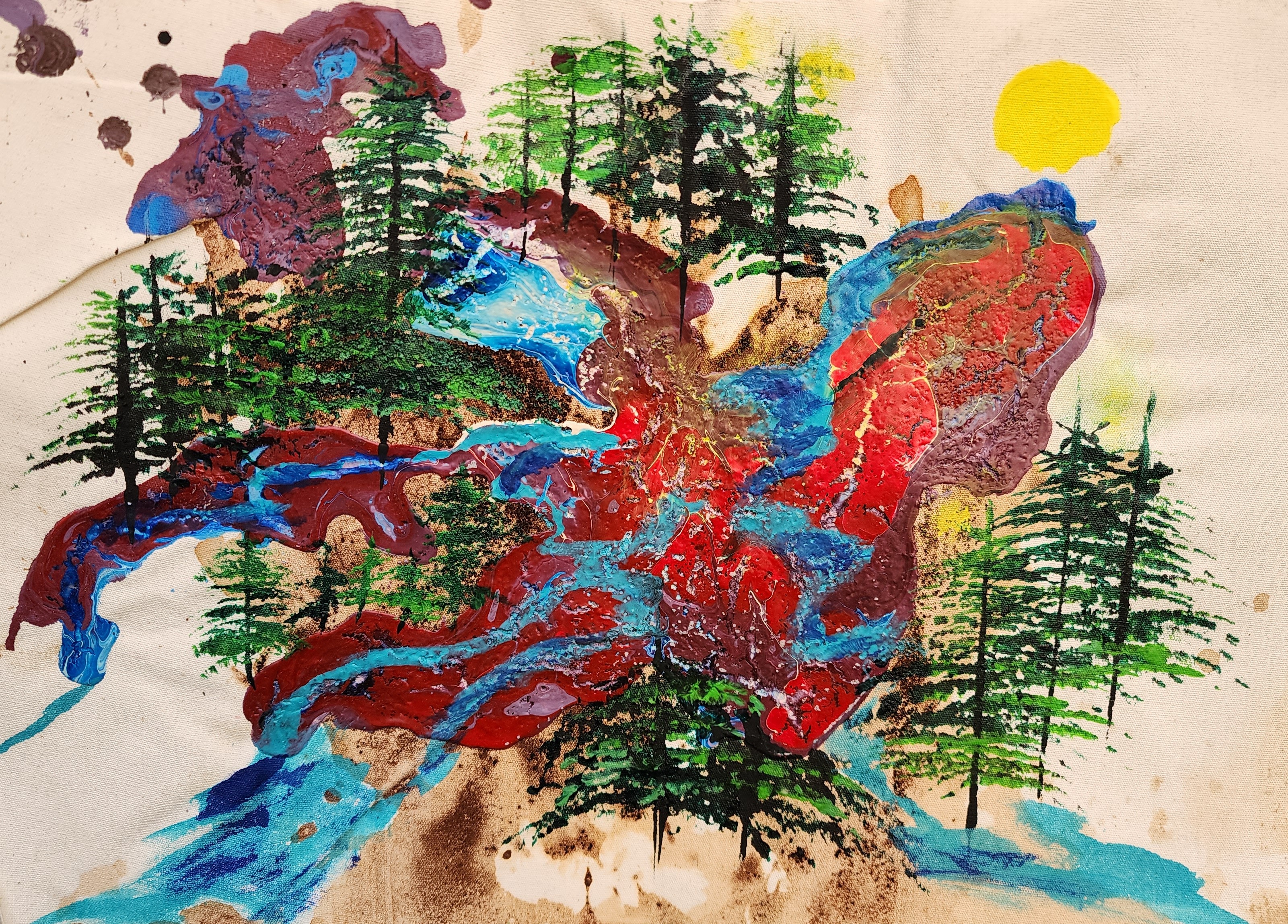 painting of blue and red liquid flowing through rocky landscape