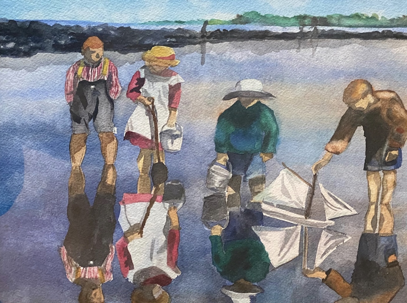 watercolor painting of children playing in shallow water at the beach