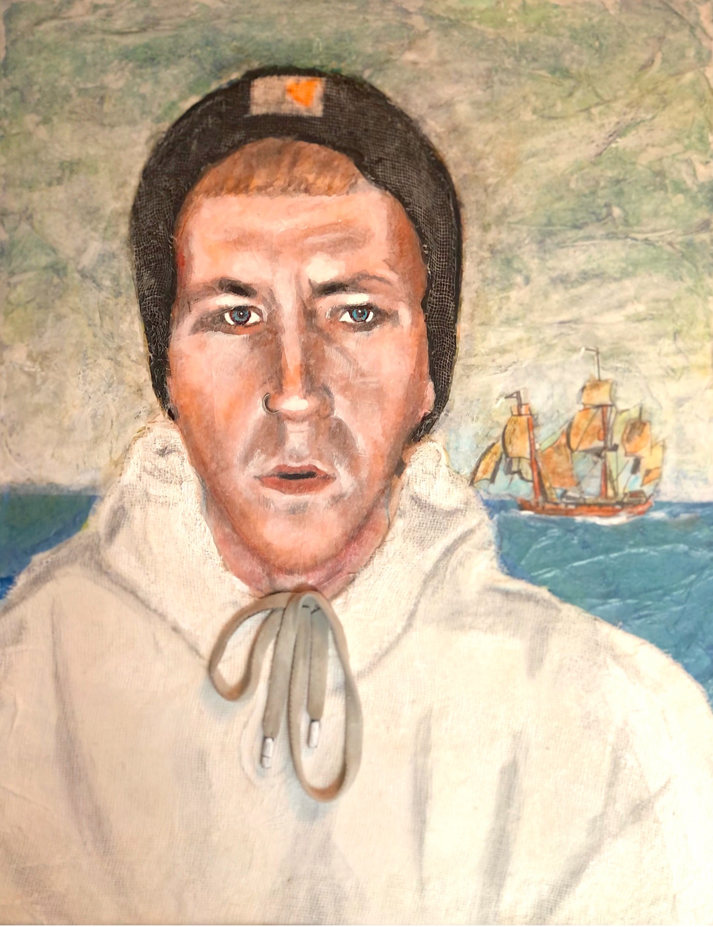 painting of a man in front of a ship on the ocean