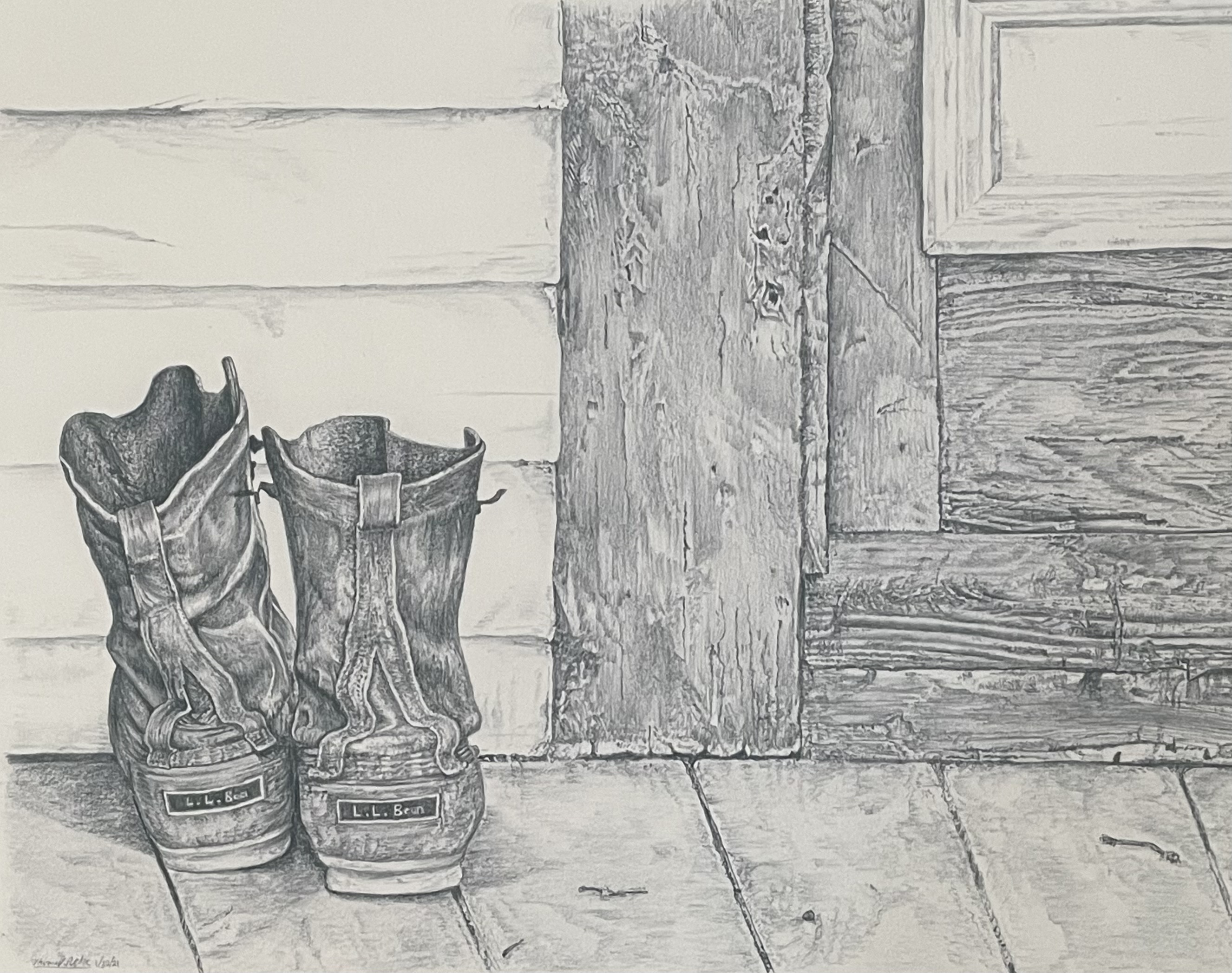 pencil drawing of a pair of bean boots