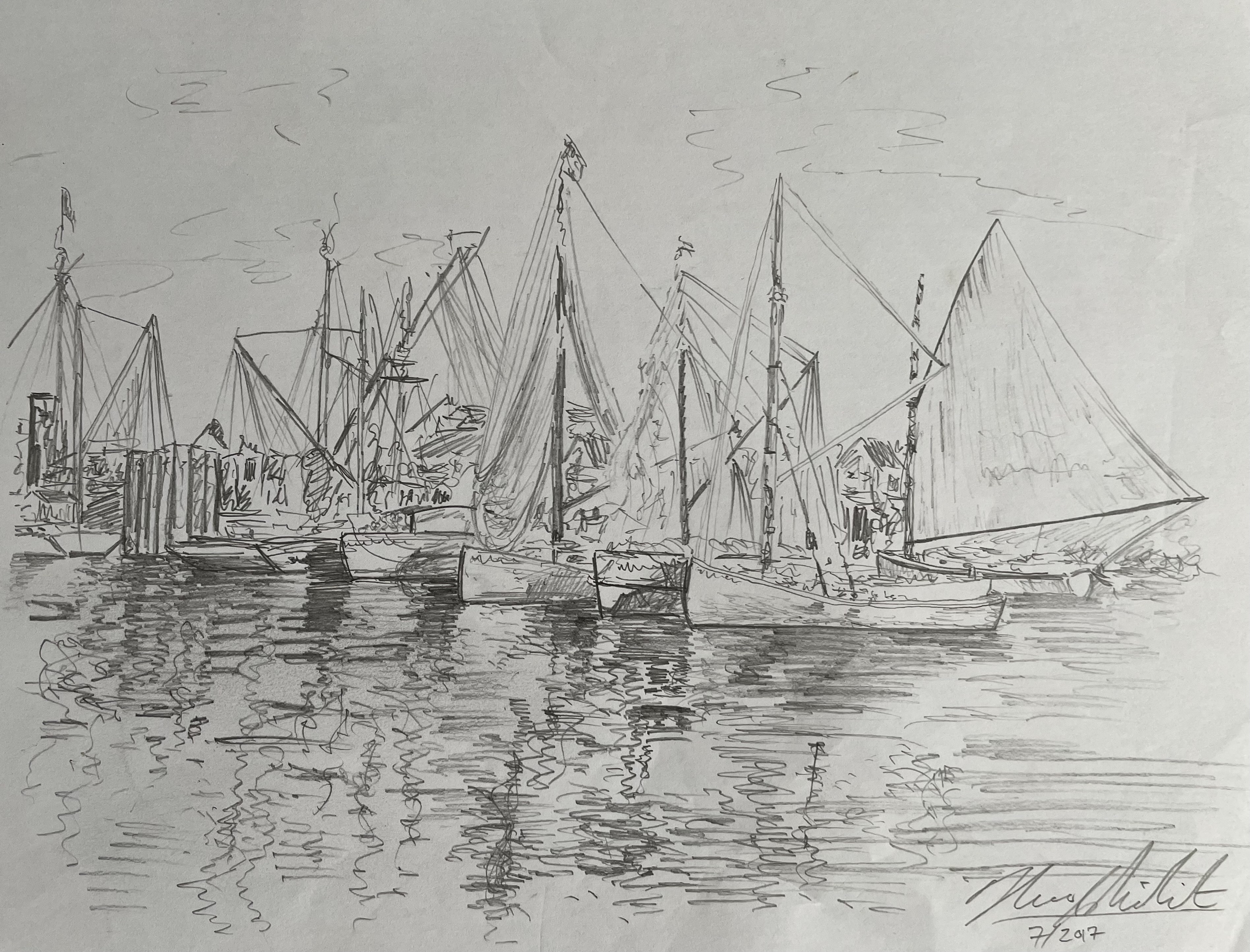 pencil drawing of sailing ships in a harbor