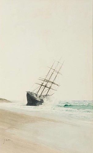 painting of a sailing ship shipwrecked on a beach