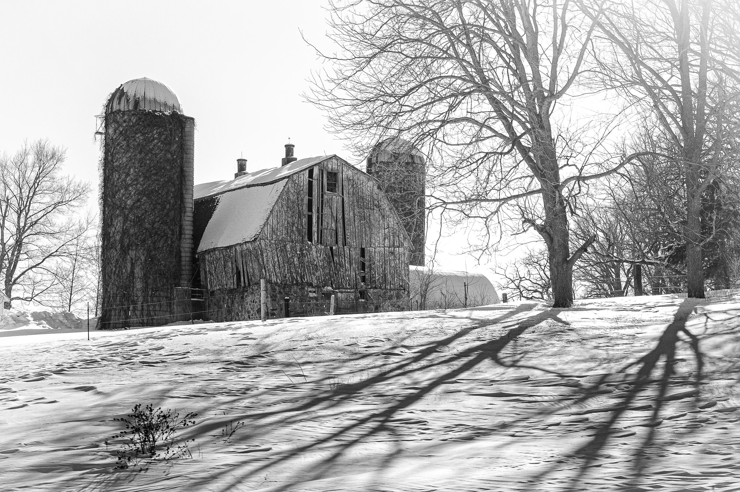 black and white photograph of a barn and silo in winter