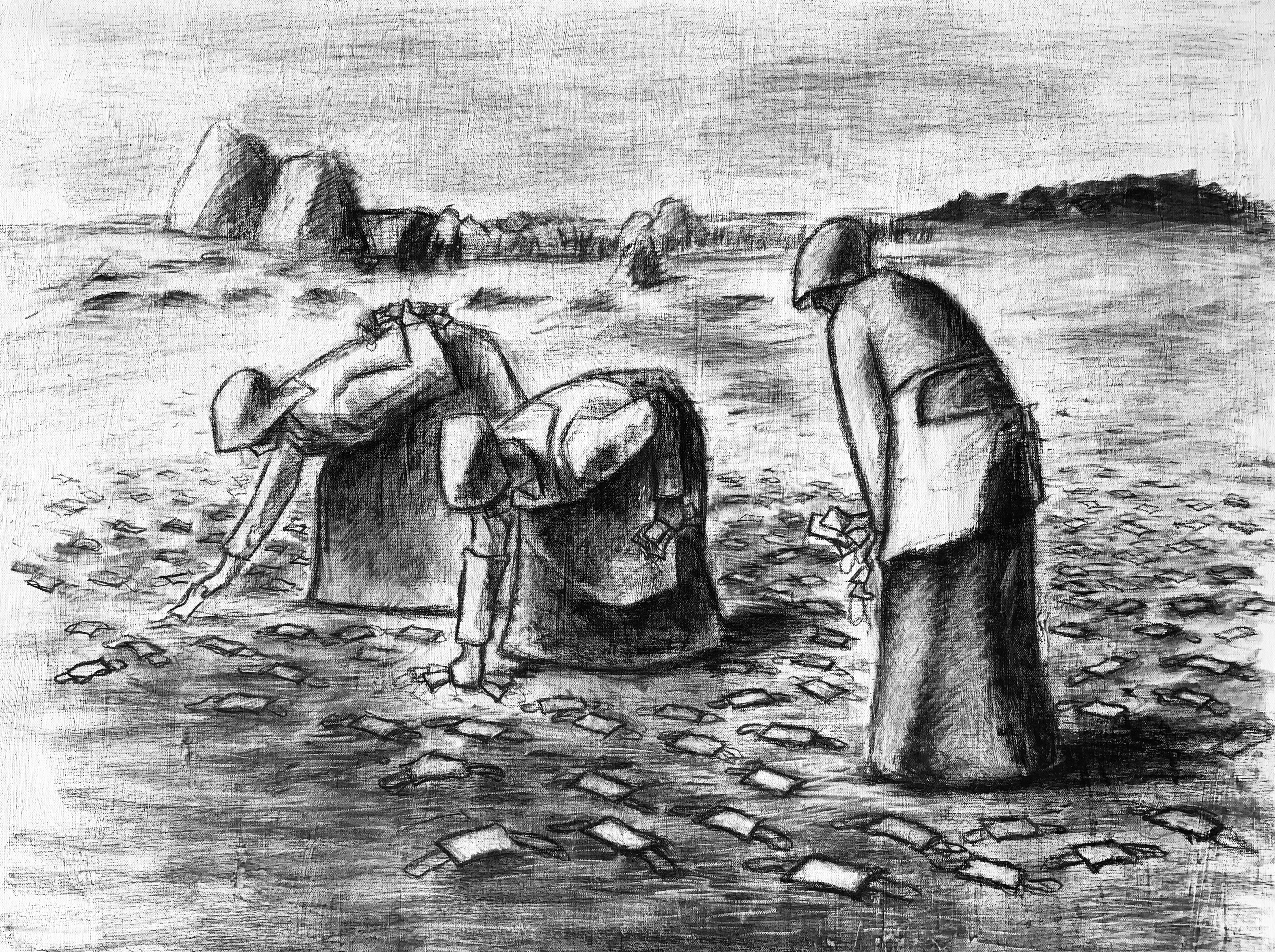 pencil drawing of women collecting face masks off the ground